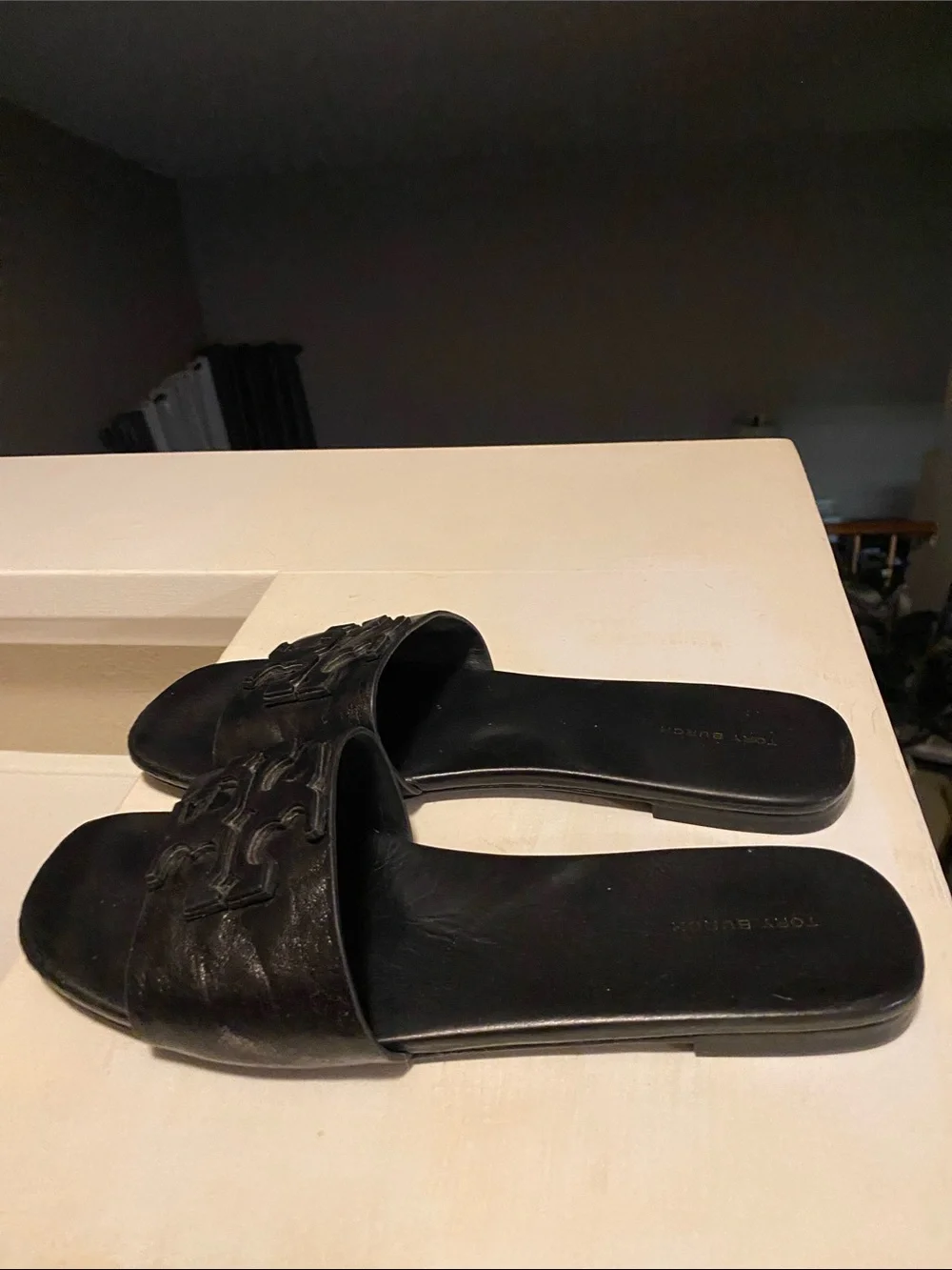 Tory Burch Black Leather Slide Sandals with Logo Strap